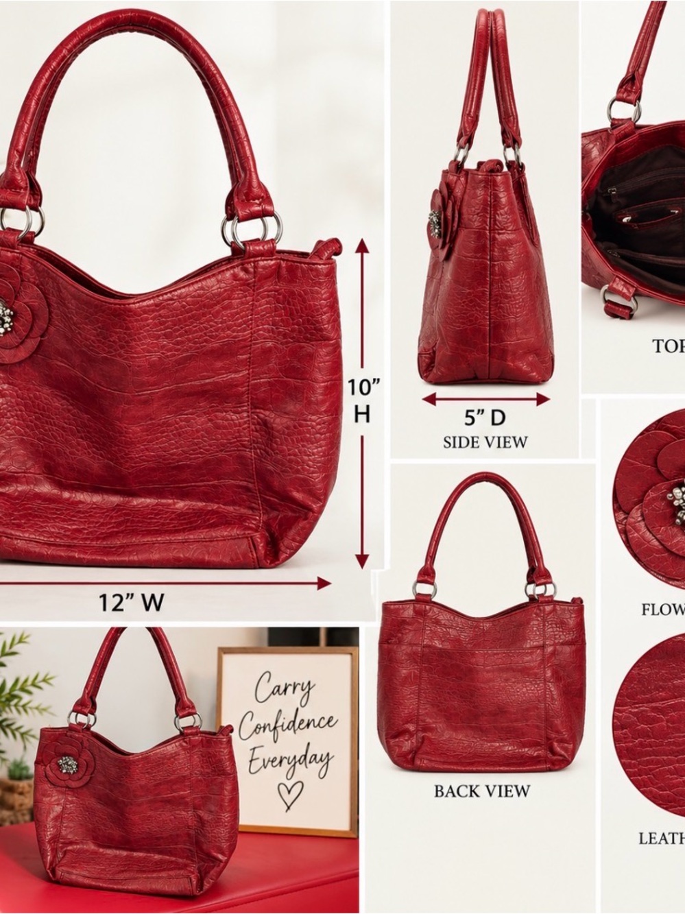 Red Floral Accent Leather Tote Bag - Picture 2 of 7